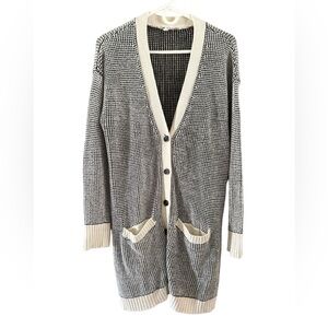 BCBGeneration Black Cream Herringbone V-neck Long Cardigan Women Size M/L